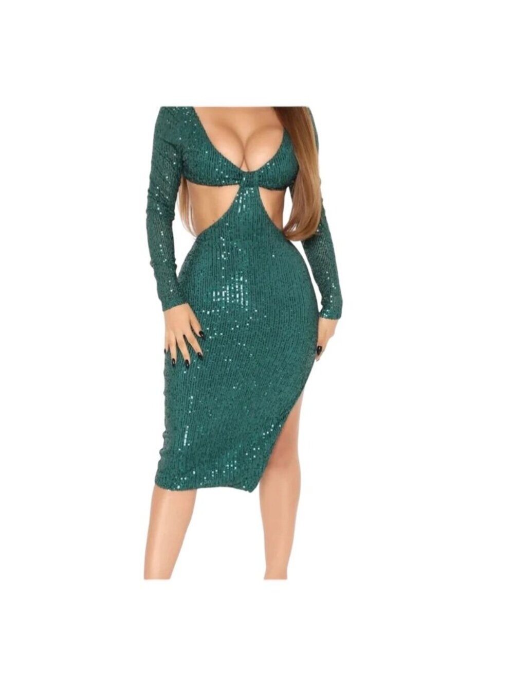 Fashion Nova Evening Calls Sequin Midi Dress Green Large Long-Sleeve Cutout Back